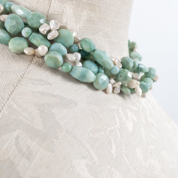 Real Amazonite Quartz & Pearl Multi-strand Necklace  Choker Green Blue Turquoise - Picture 2 of 6